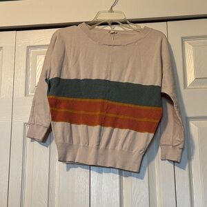 Hem & Thread tan Crewneck Sweater with Green and Rust Stripes
